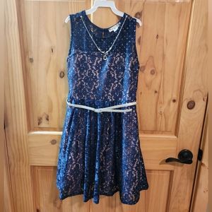 Blue lace dress with silver belt and necklace